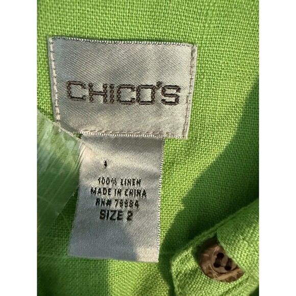 Chico's Top 2 Large No Iron 100% Linen Shirt Green Button Up 3/4 Sleeve New - Picture 2 of 7